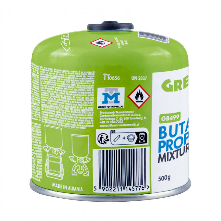 10 ks plynových kartuší GreenBlue 500 g. Certifikát: Pi 0437, v souladu s normou EN 417, butan-propan, teplotní rozsah -10 °C až +40 °C, závitový ventil 7/16'' GB499