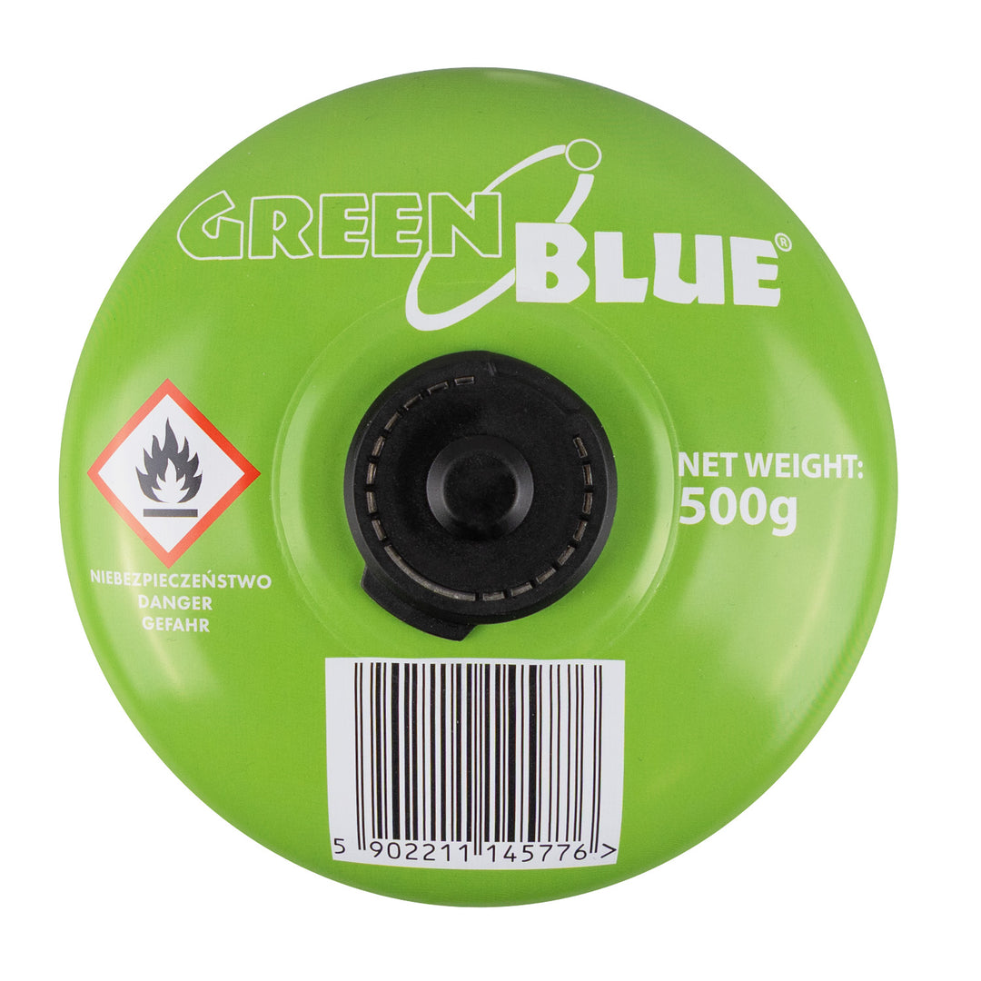10 ks plynových kartuší GreenBlue 500 g. Certifikát: Pi 0437, v souladu s normou EN 417, butan-propan, teplotní rozsah -10 °C až +40 °C, závitový ventil 7/16'' GB499