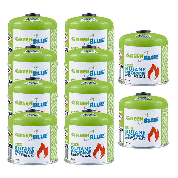 10 ks plynových kartuší GreenBlue 500 g. Certifikát: Pi 0437, v souladu s normou EN 417, butan-propan, teplotní rozsah -10 °C až +40 °C, závitový ventil 7/16'' GB499