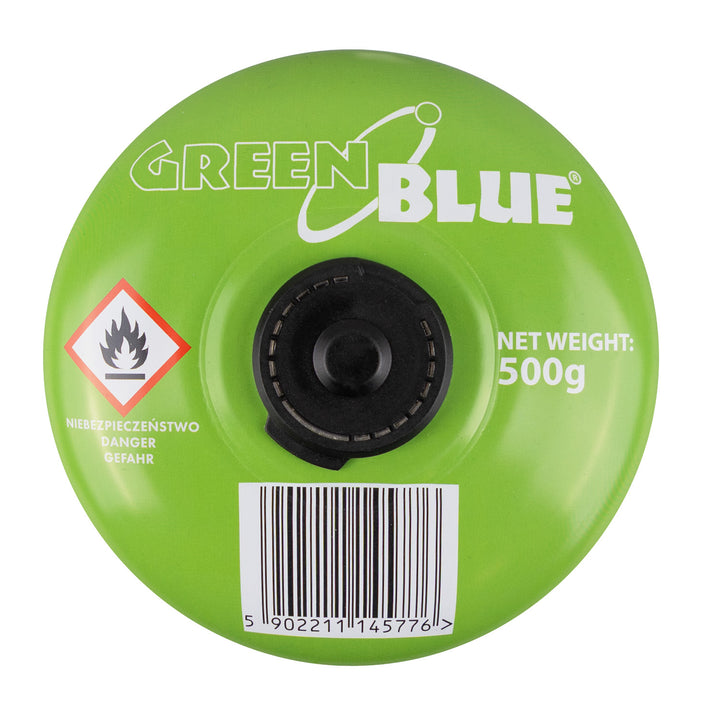 12 ks plynových kartuší GreenBlue 500 g. Certifikát: Pi 0437, v souladu s normou EN 417, butan-propan, teplotní rozsah -10 °C až +40 °C, závitový ventil 7/16'' GB499