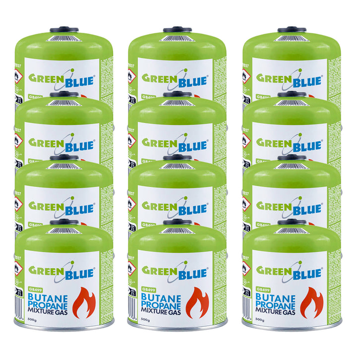 12 ks plynových kartuší GreenBlue 500 g. Certifikát: Pi 0437, v souladu s normou EN 417, butan-propan, teplotní rozsah -10 °C až +40 °C, závitový ventil 7/16'' GB499