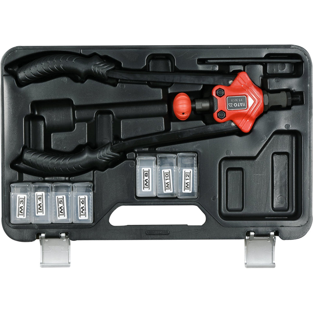 Ruční nýtovačka Yato, pro nýtovací matice velikostí M3–M12, protiskluzová rukojeť, hlavy z odolné oceli CrMo, YT-36128