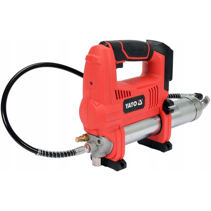 Akumulátorová mazací pistole Yato, v balení s nabíječkou a akumulátorem 3 Ah, tlak 620 bar, integrované pracovní LED osvětlení, vysoký výkon a výtěžnost 284 g/min, YT-07020