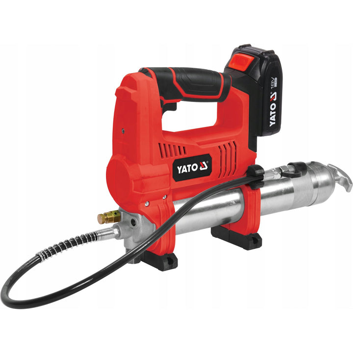 Akumulátorová mazací pistole Yato, v balení s nabíječkou a akumulátorem 3 Ah, tlak 620 bar, integrované pracovní LED osvětlení, vysoký výkon a výtěžnost 284 g/min, YT-07020