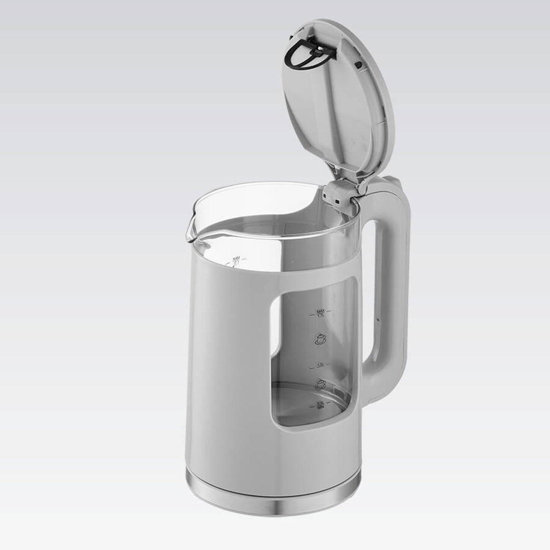 Skleněná rychlovarná konvice Maestro, objem 1,7 l, výkon 2200 W, ukazatel hladiny vody, LED podsvícení, otočná základna, barva šedá, MR-065-GREY