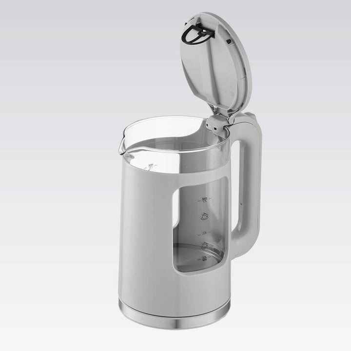 Skleněná rychlovarná konvice Maestro, objem 1,7 l, výkon 2200 W, ukazatel hladiny vody, LED podsvícení, otočná základna, barva šedá, MR-065-GREY