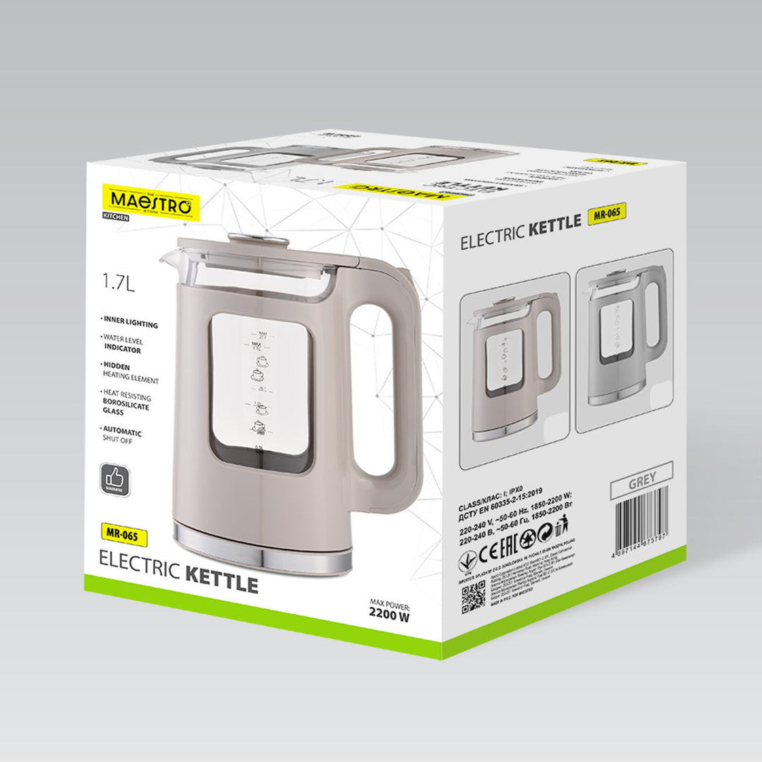 Skleněná rychlovarná konvice Maestro, objem 1,7 l, výkon 2200 W, ukazatel hladiny vody, LED podsvícení, otočná základna, barva šedá, MR-065-GREY