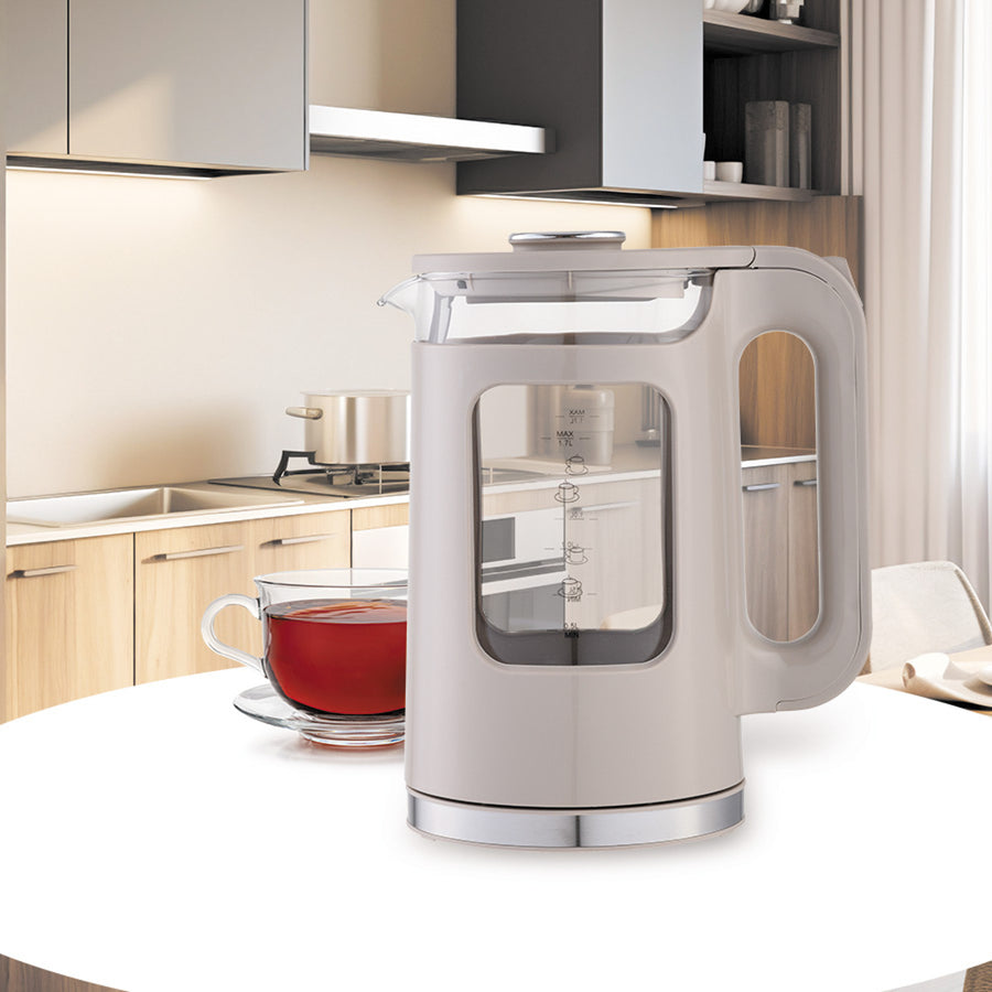 Skleněná rychlovarná konvice Maestro, objem 1,7 l, výkon 2200 W, ukazatel hladiny vody, LED podsvícení, otočná základna, barva béžová, MR-065-BEIGE