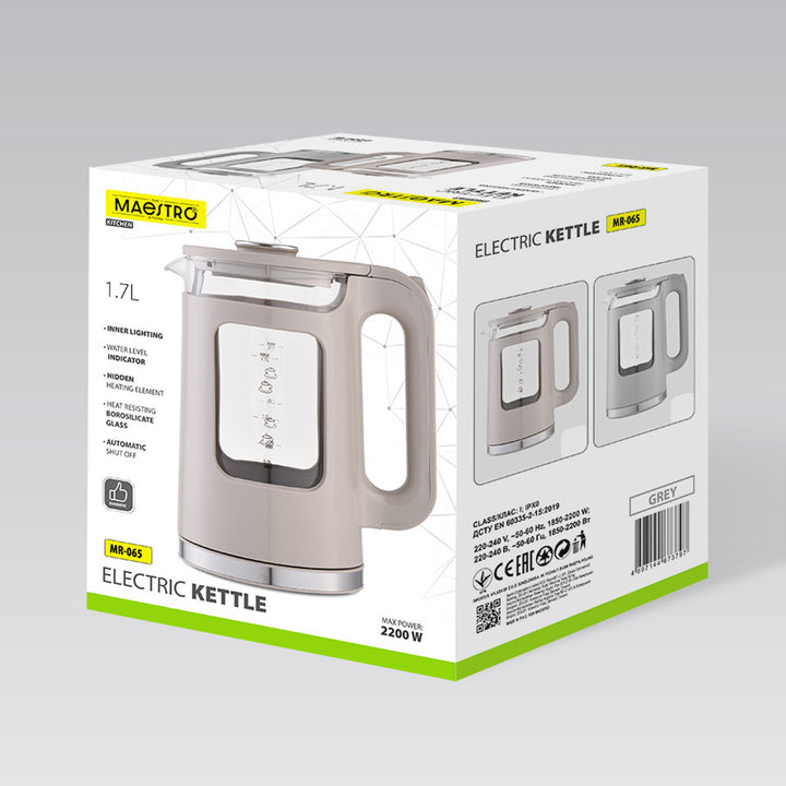 Skleněná rychlovarná konvice Maestro, objem 1,7 l, výkon 2200 W, ukazatel hladiny vody, LED podsvícení, otočná základna, barva béžová, MR-065-BEIGE