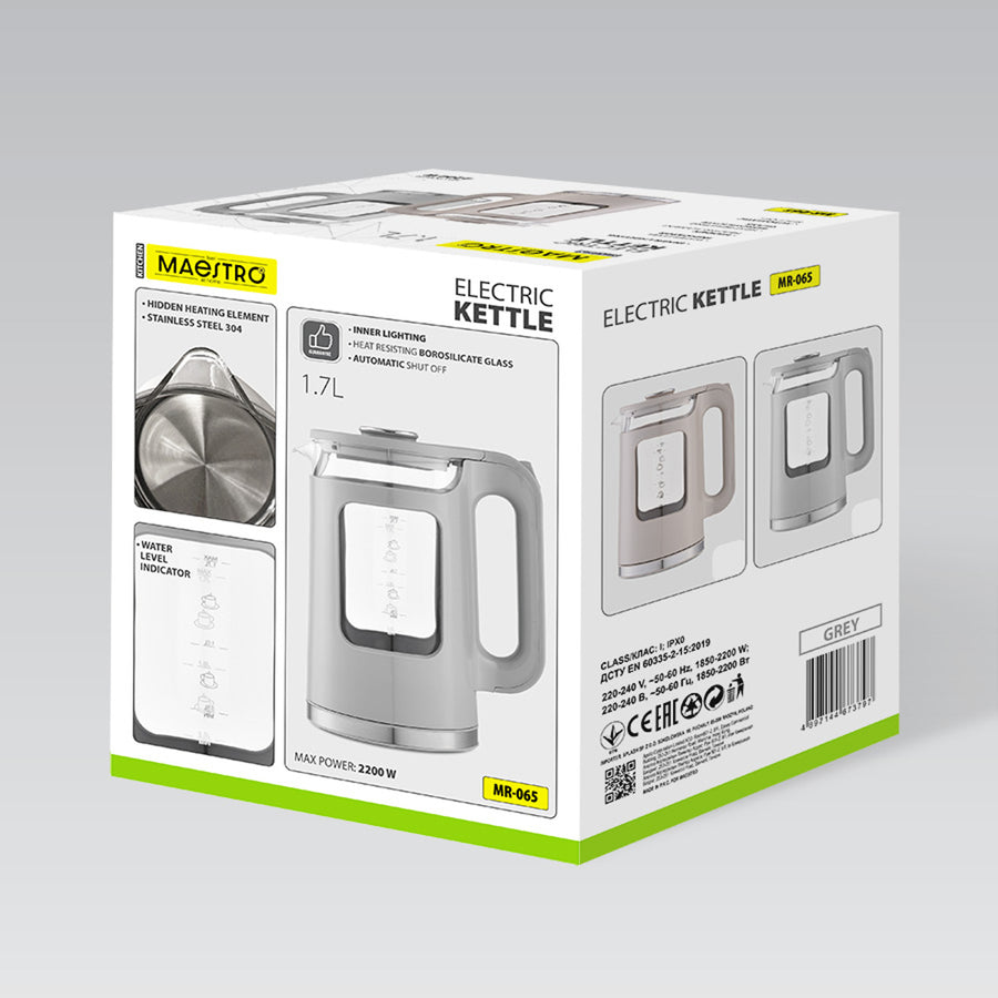 Skleněná rychlovarná konvice Maestro, objem 1,7 l, výkon 2200 W, ukazatel hladiny vody, LED podsvícení, otočná základna, barva béžová, MR-065-BEIGE