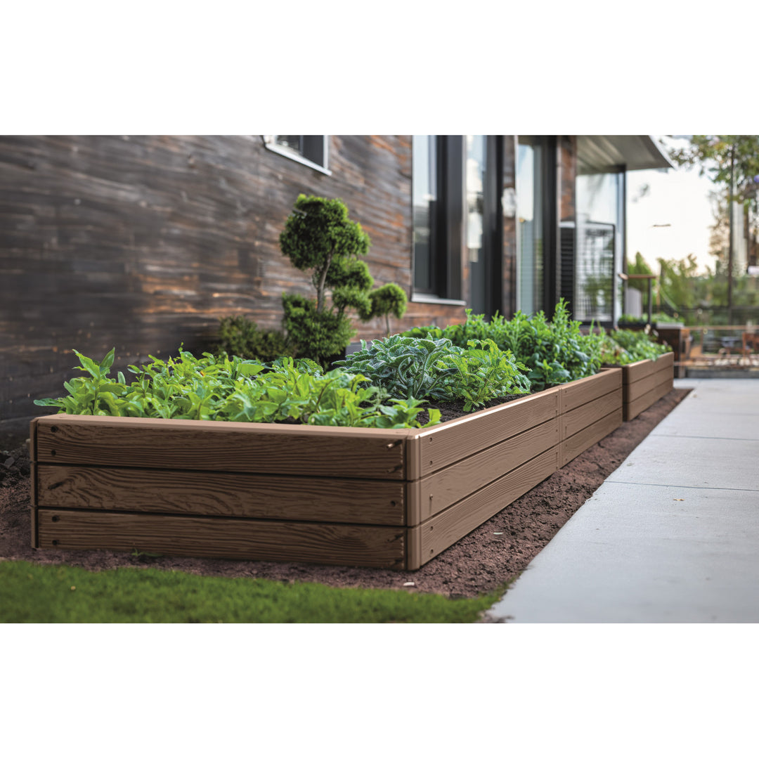 Zahradní obrubník Prosperplast Base Woody, 149 x 75 cm, odolný proti povětrnostním vlivům, modulární konstrukce, hnědá barva, IBWR-7587U
