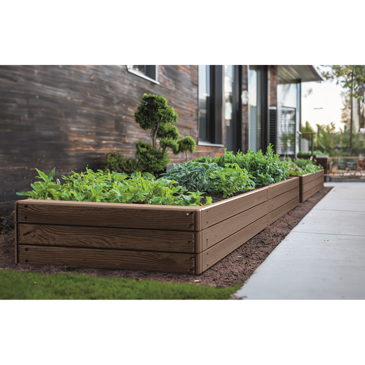 Zahradní obrubník Prosperplast Base Woody, 149 x 75 cm, odolný proti povětrnostním vlivům, modulární konstrukce, hnědá barva, IBWR-7587U