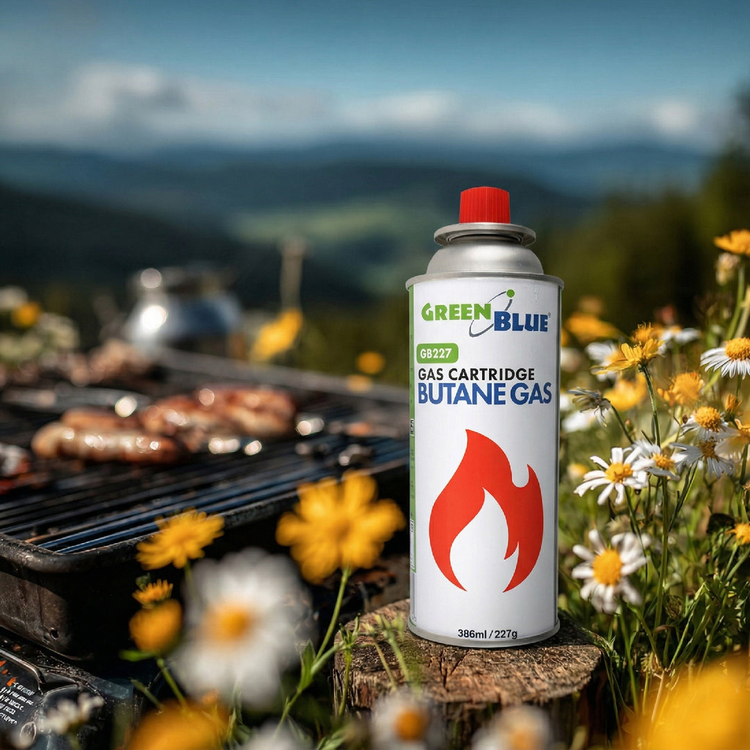 56 ks plynových náplní GreenBlue 227 g. Certifikát: Pi 0875, v souladu s normou EN 417, butan, provozní teplota -10 °C až +40 °C, GB227