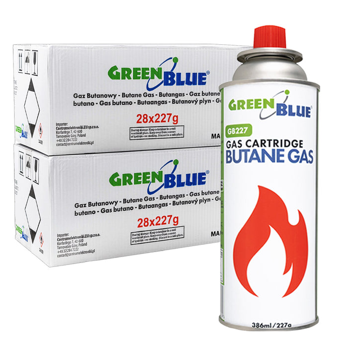 56 ks plynových náplní GreenBlue 227 g. Certifikát: Pi 0875, v souladu s normou EN 417, butan, provozní teplota -10 °C až +40 °C, GB227