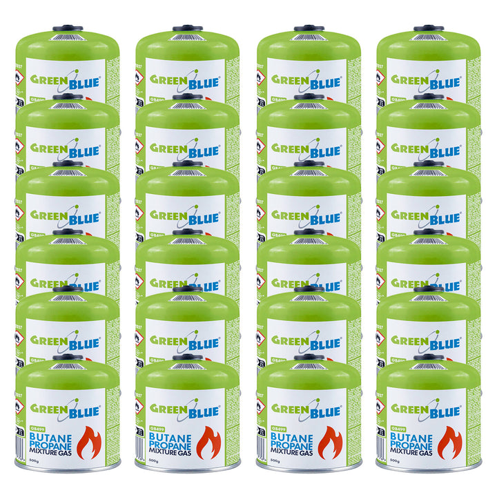 24 ks plynových kartuší GreenBlue 500 g. Certifikát: Pi 0437, v souladu s normou EN 417, butan-propan, teplotní rozsah -10 °C až +40 °C, závitový ventil 7/16'' GB499