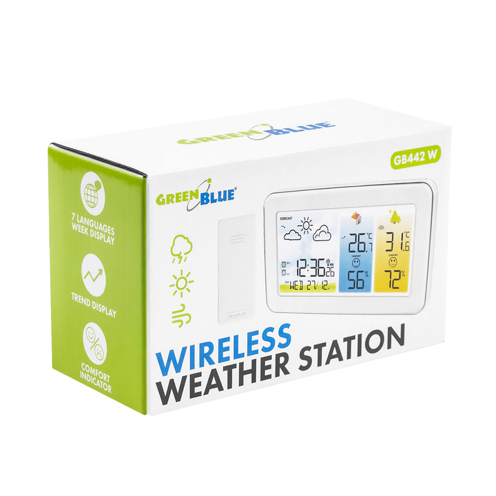 Bezdrátová meteorologická stanice GreenBlue, teplota a vlhkost uvnitř/venku, hodiny/budík/datum, °C / °F, dosah až 60 m, GB442 W