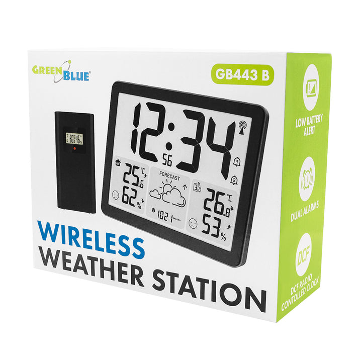 Bezdrátová meteorologická stanice GreenBlue, teplota a vlhkost uvnitř/venku, hodiny/budík/datum, °C / °F, dosah až 60 m, GB443 B