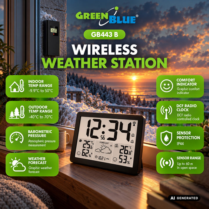 Bezdrátová meteorologická stanice GreenBlue, teplota a vlhkost uvnitř/venku, hodiny/budík/datum, °C / °F, dosah až 60 m, GB443 B