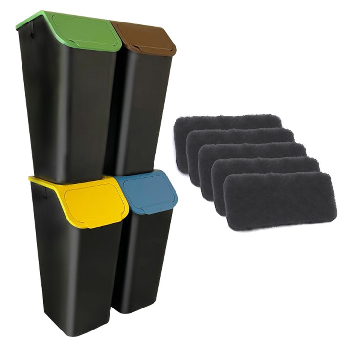 Sada 4 černých nádob na třídění odpadu BINI 4 x 35 l s víky v barvách modrá/zelená/žlutá/hnědá + 5 kusů uhlíkových filtrů