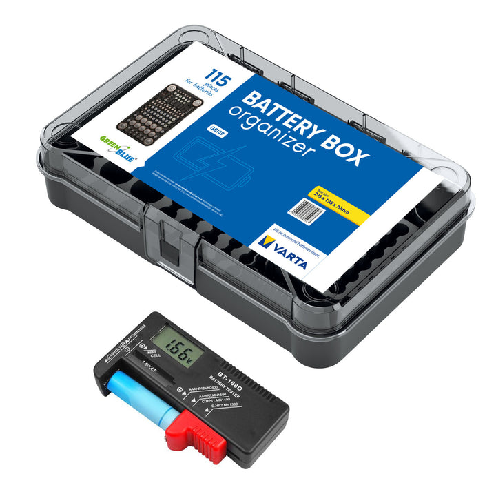 Organizér na baterie GreenBlue GB189 + digitální tester baterií a akumulátorů Lamex