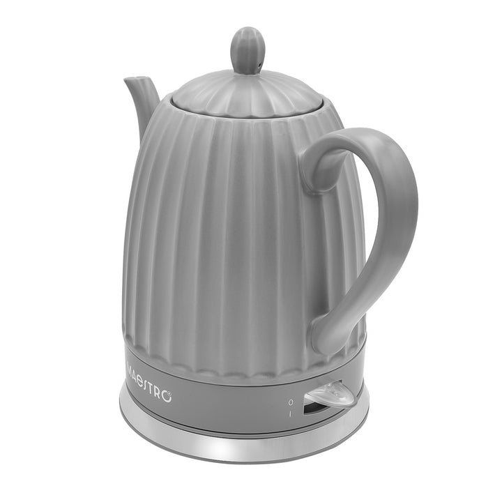Keramická elektrická konvice Maestro, šedá barva, výkon 1500 W, objem 1,5 l, otočná základna, ukazatel hladiny vody, napájecí kabel 65 cm, MR-077