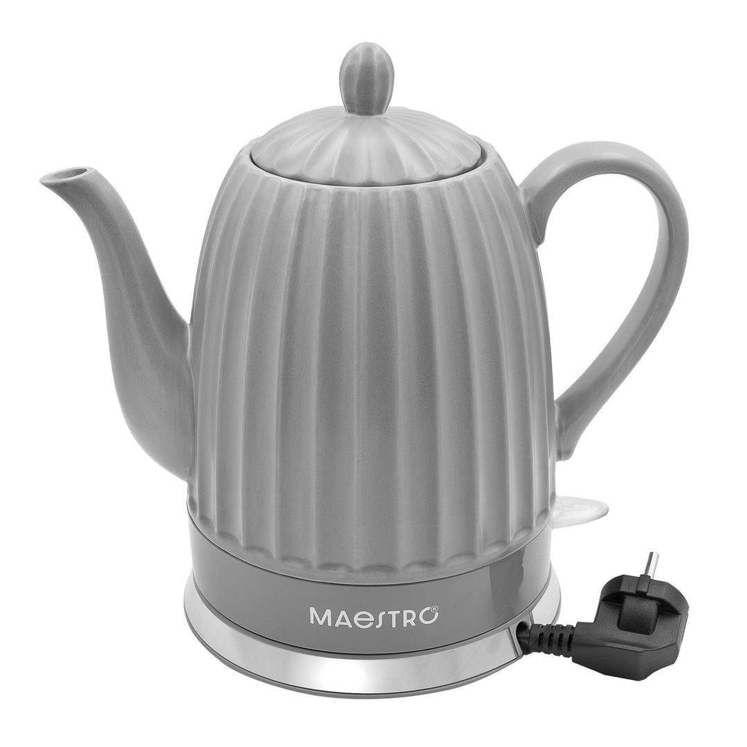 Keramická elektrická konvice Maestro, šedá barva, výkon 1500 W, objem 1,5 l, otočná základna, ukazatel hladiny vody, napájecí kabel 65 cm, MR-077