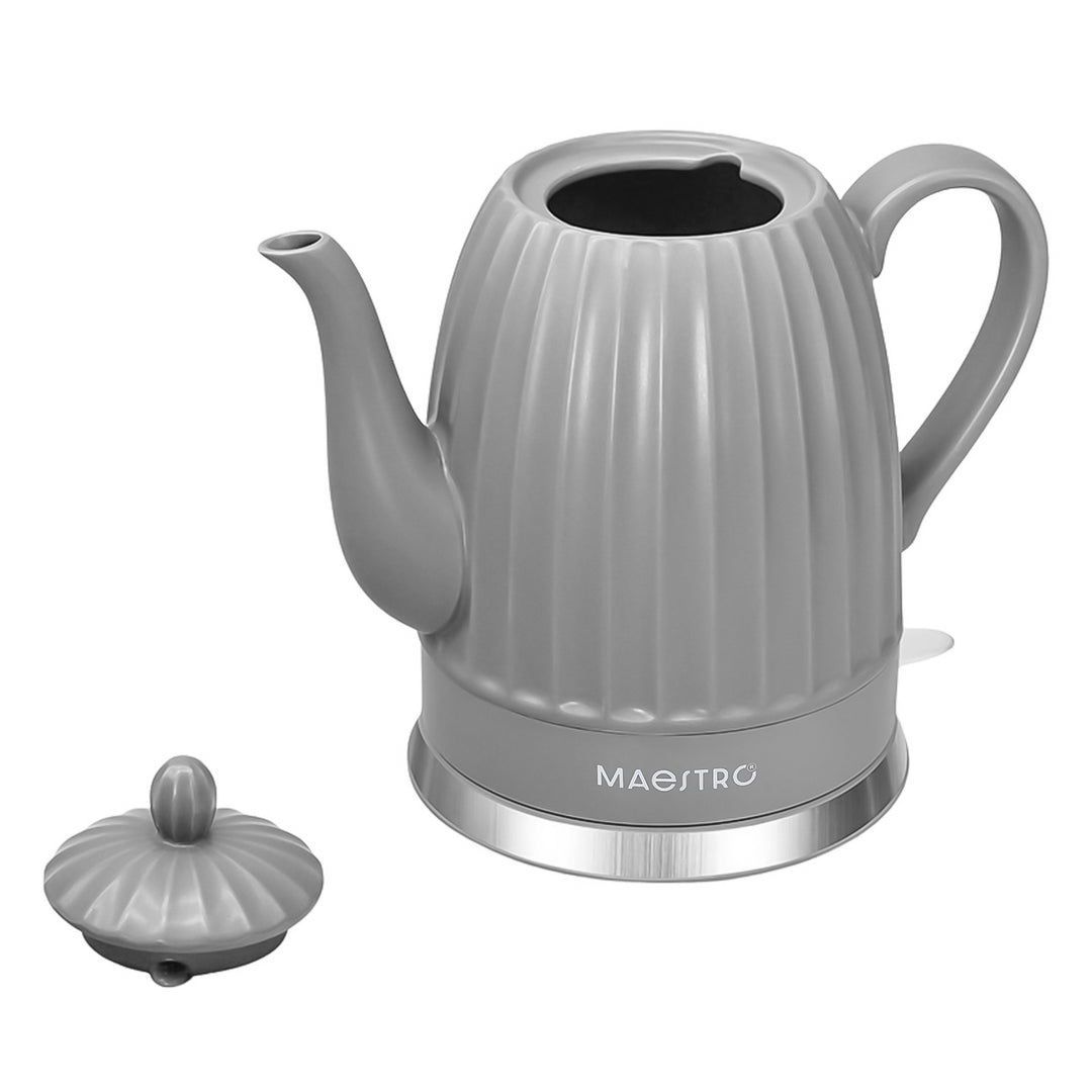 Keramická elektrická konvice Maestro, šedá barva, výkon 1500 W, objem 1,5 l, otočná základna, ukazatel hladiny vody, napájecí kabel 65 cm, MR-077