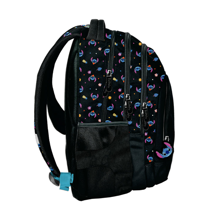 Školní sada Stitch Paso, batoh se třemi přihrádkami, oddílem na notebook a zpevněným dnem, penál s gumičkami na psací potřeby, vak na boty, který lze připevnit na záda, DS26MM