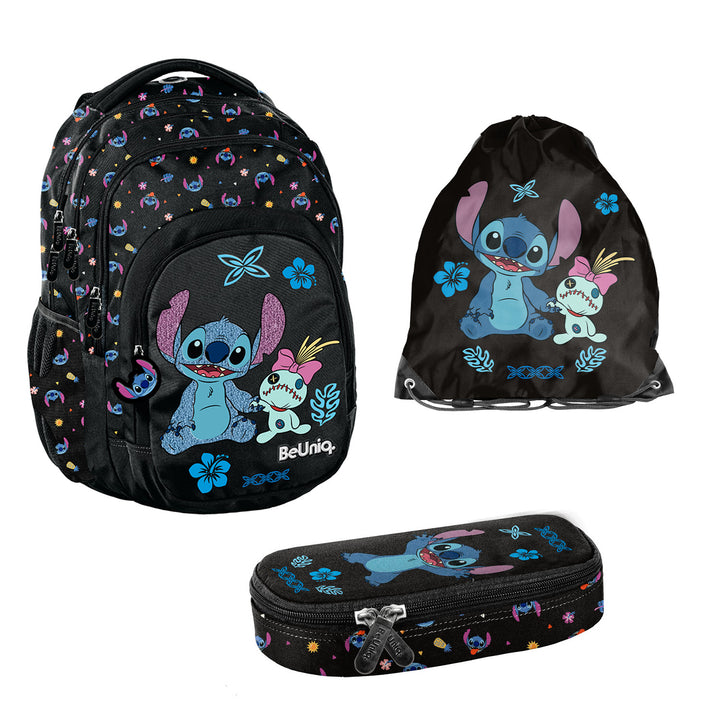 Školní sada Stitch Paso, batoh se třemi přihrádkami, oddílem na notebook a zpevněným dnem, penál s gumičkami na psací potřeby, vak na boty, který lze připevnit na záda, DS26MM