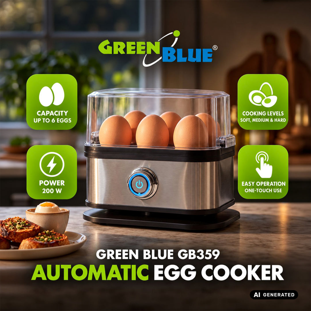 Automatický vařič vajec GreenBlue, výkon 200 W, až 6 vajec, odměrka, 220–240 V~, 50/60 Hz, GB359
