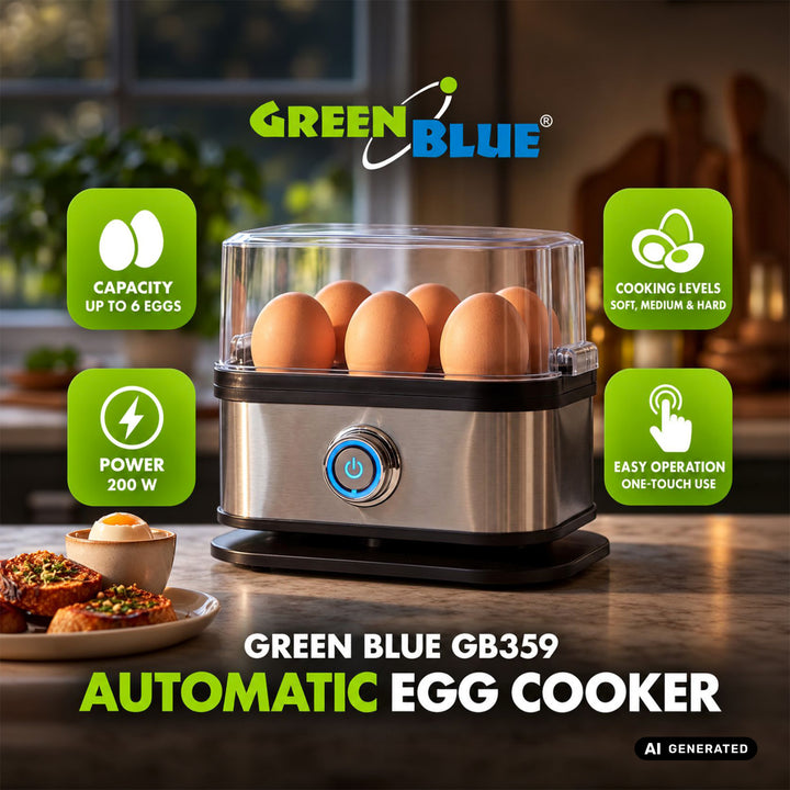 Automatický vařič vajec GreenBlue, výkon 200 W, až 6 vajec, odměrka, 220–240 V~, 50/60 Hz, GB359