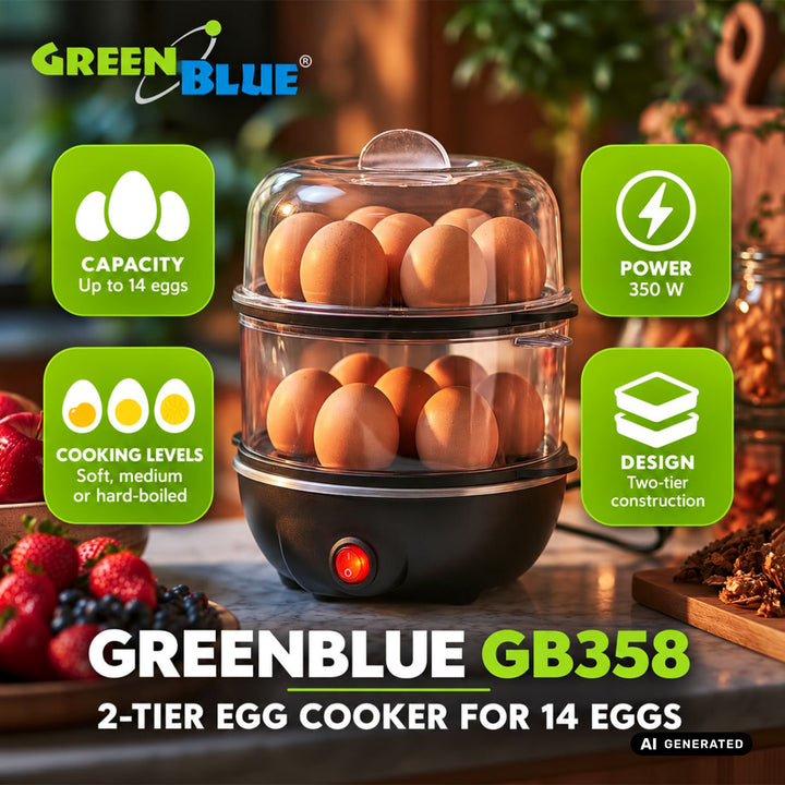 Dvoupatrový vařič vajec GreenBlue na 14 vajec, výkon 350 W, pro 14 vajec, 220–240 V~, 50/60 Hz, GB358