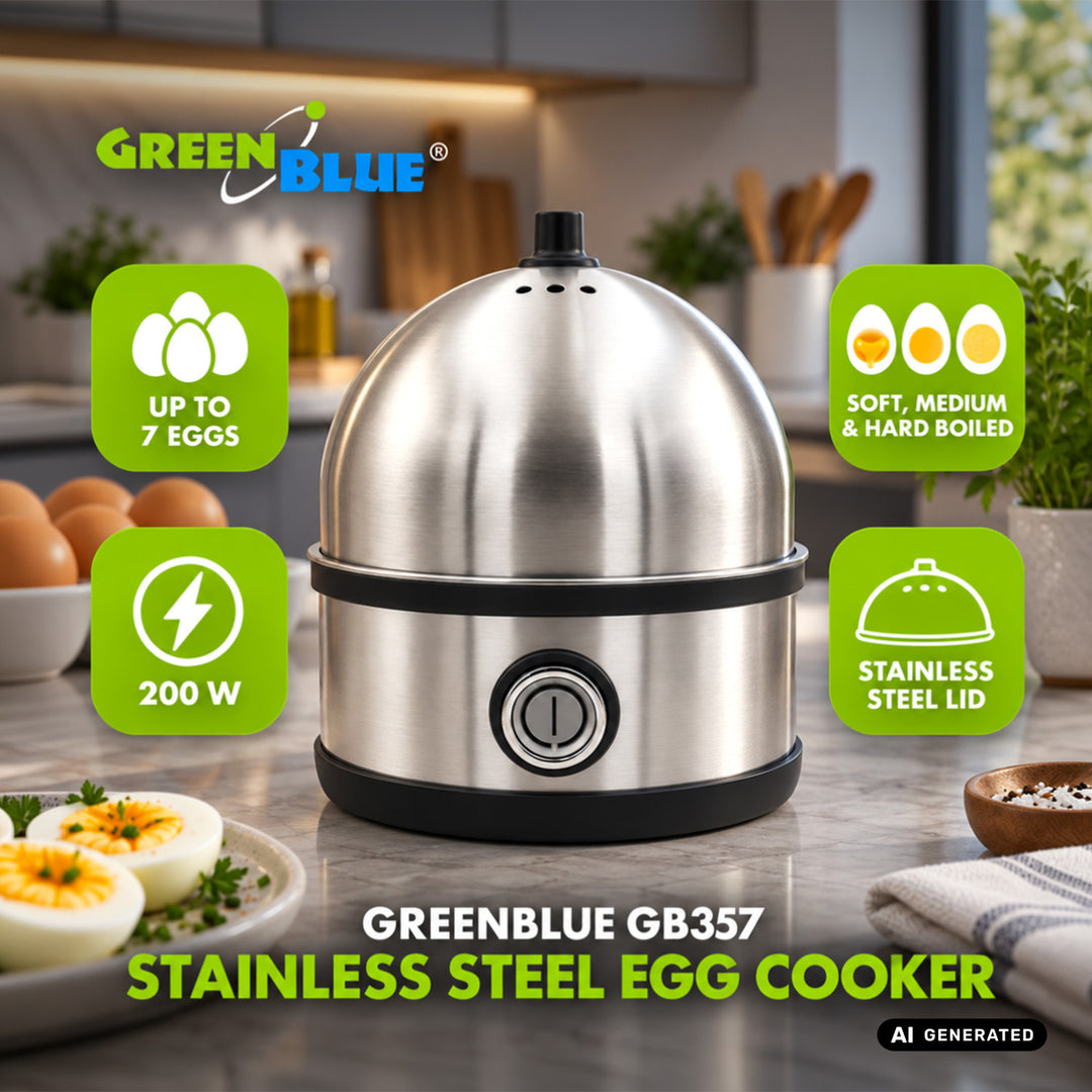 Nerezový vařič vajec GreenBlue, výkon 200 W, až pro 7 vajec, odměrka, 220–240 V~, 50/60 Hz, GB357
