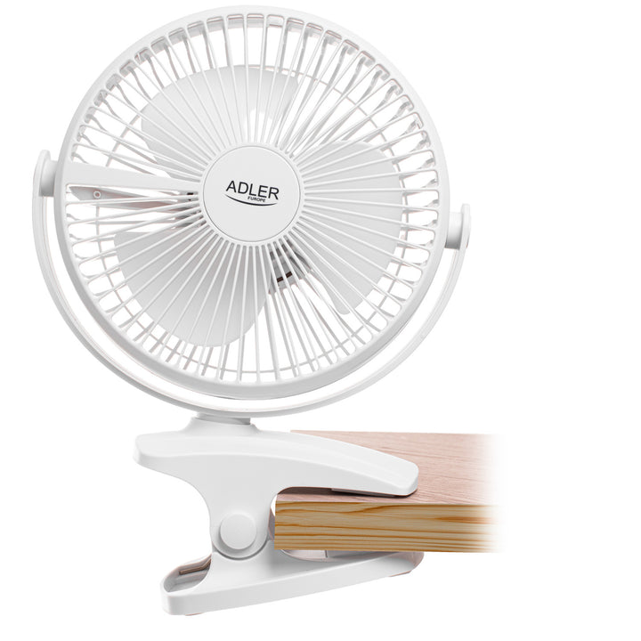 Stolní ventilátor s klipem, na baterii, 15,5 cm, otočný o 360°, USB-C, Adler