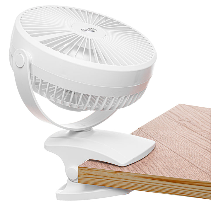 Stolní ventilátor s klipem, na baterii, 15,5 cm, otočný o 360°, USB-C, Adler