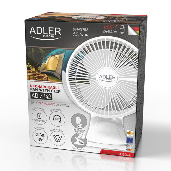 Stolní ventilátor s klipem, na baterii, 15,5 cm, otočný o 360°, USB-C, Adler