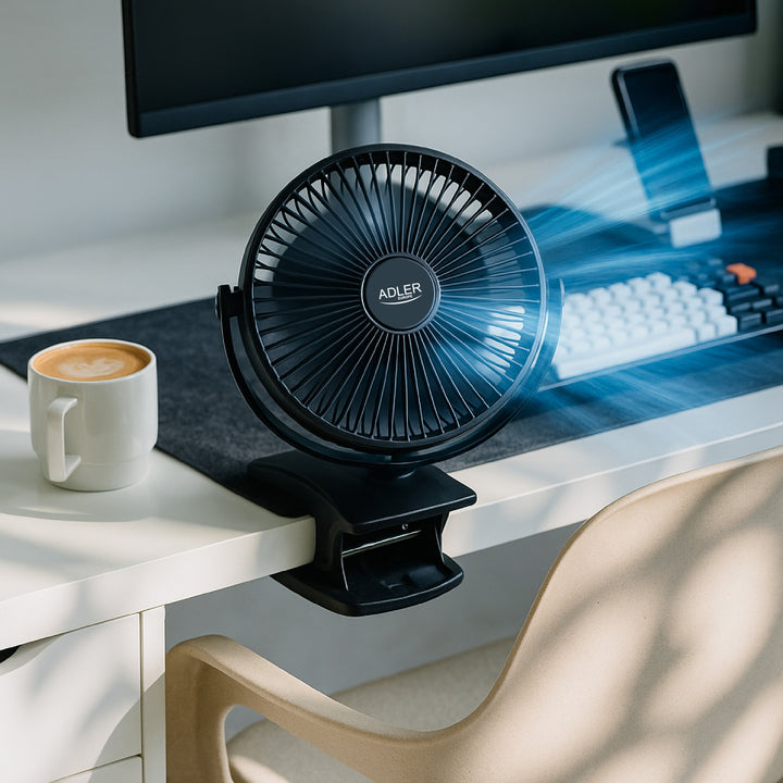 Stolní ventilátor s klipem, na baterii, 15,5 cm, otočný o 360°, USB-C, Adler