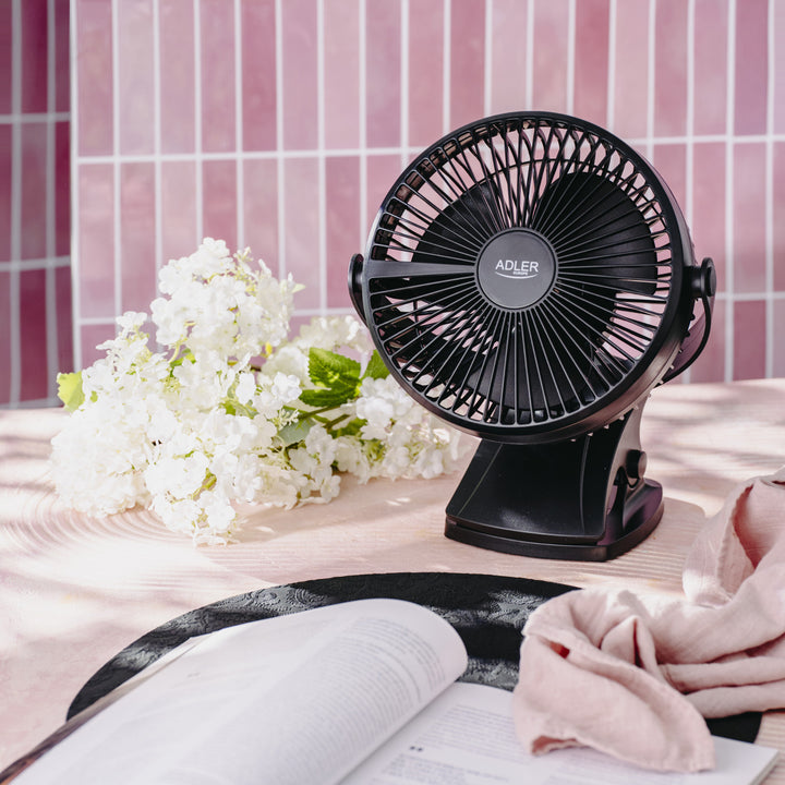 Stolní ventilátor s klipem, na baterii, 15,5 cm, otočný o 360°, USB-C, Adler