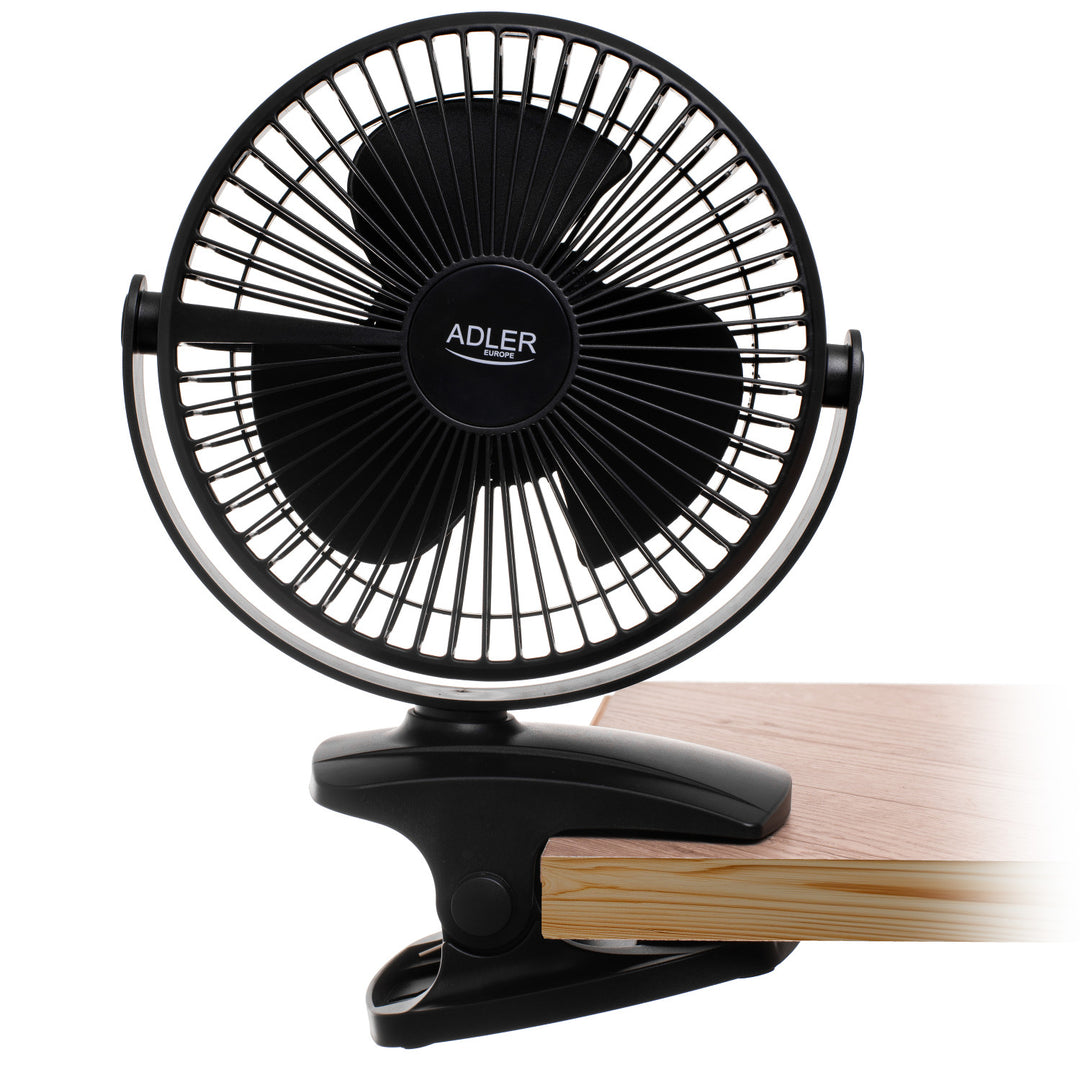 Stolní ventilátor s klipem, na baterii, 15,5 cm, otočný o 360°, USB-C, Adler
