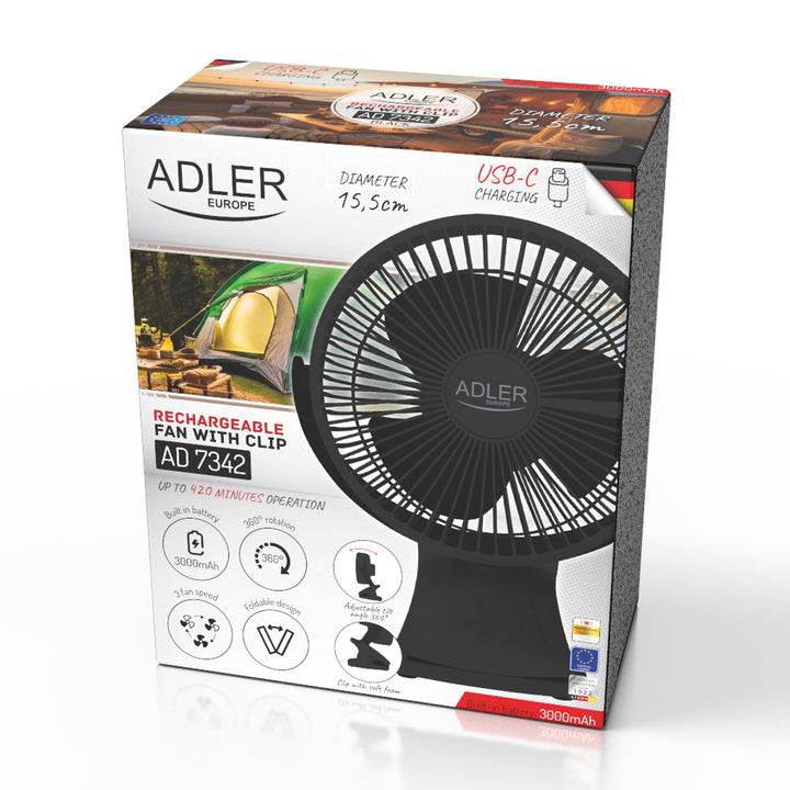 Stolní ventilátor s klipem, na baterii, 15,5 cm, otočný o 360°, USB-C, Adler