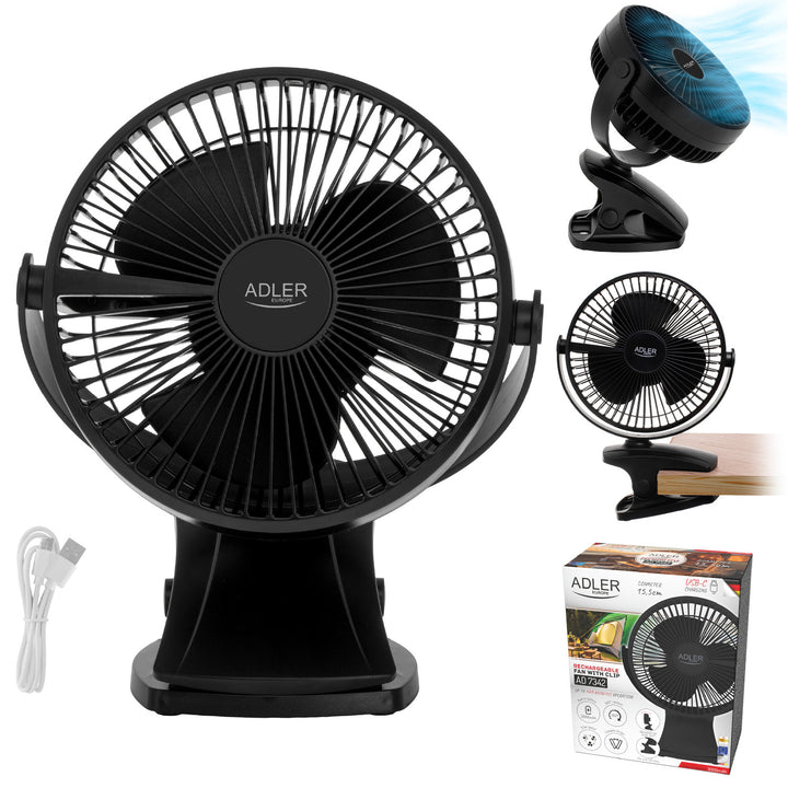 Stolní ventilátor s klipem, na baterii, 15,5 cm, otočný o 360°, USB-C, Adler