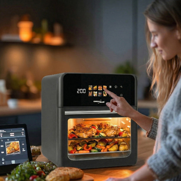 Bezolejová fritéza AIR FRYER GreenBlue, výkon 1800 W, objem 10 l, 8 programů, příslušenství, časovač, GB950 + teploměr/sonda na potraviny, GreenBlue GB178