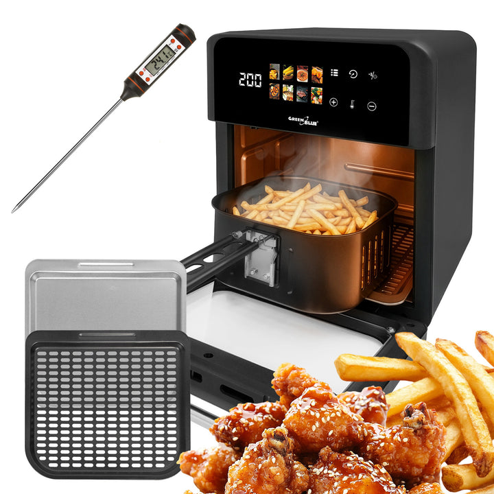 Bezolejová fritéza AIR FRYER GreenBlue, výkon 1800 W, objem 10 l, 8 programů, příslušenství, časovač, GB950 + teploměr/sonda na potraviny, GreenBlue GB178