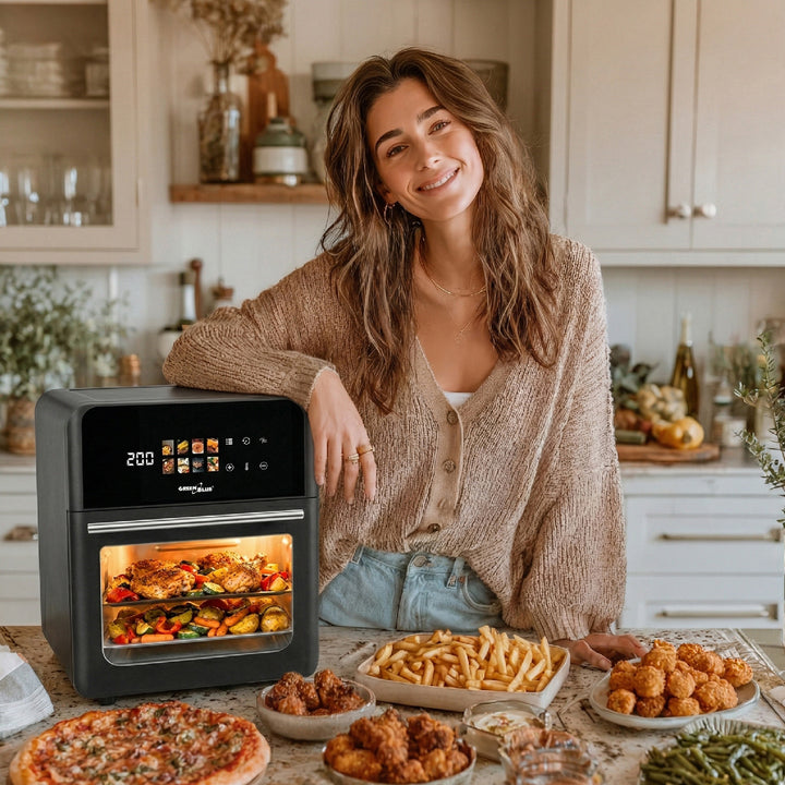 Beztuková fritéza AIR FRYER GreenBlue, výkon 1800 W, objem 10 l, 8 programů, příslušenství, časovač, GB950 + papírové vložky 16 cm, 100 ks