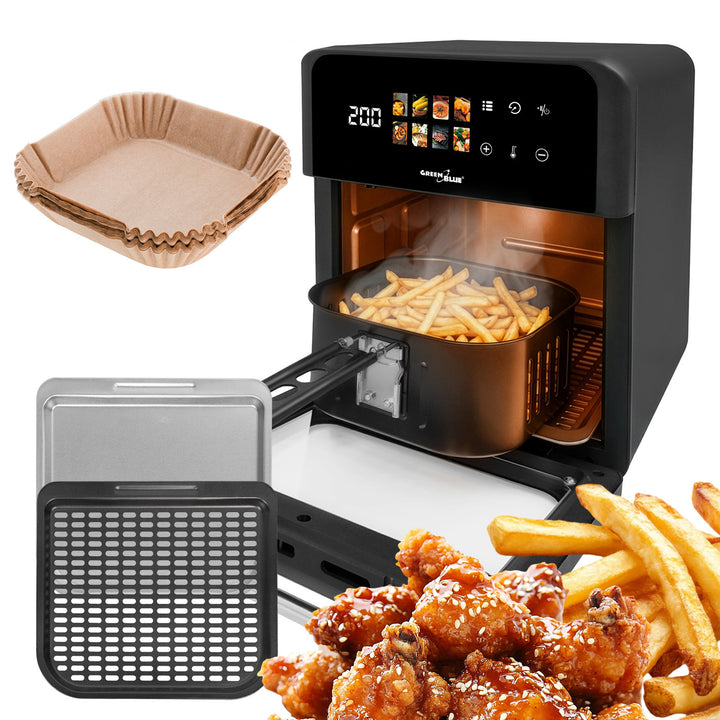 Beztuková fritéza AIR FRYER GreenBlue, výkon 1800 W, objem 10 l, 8 programů, příslušenství, časovač, GB950 + papírové vložky 16 cm, 100 ks