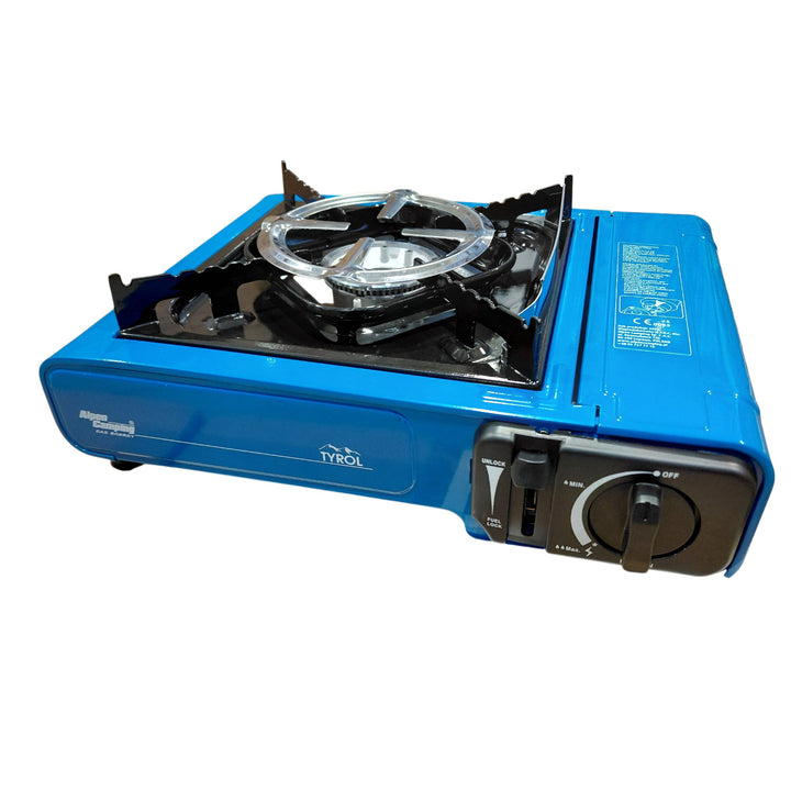 Turistický vařič Alpen Camping, výkon: 2,0 kW, spotřeba plynu 146 g/h, piezoelektrické zapalování, TYROL+ 4x plynová kartuše 227 g GreenBlue. Certifikát: Pi 0875, v souladu s normou EN 417