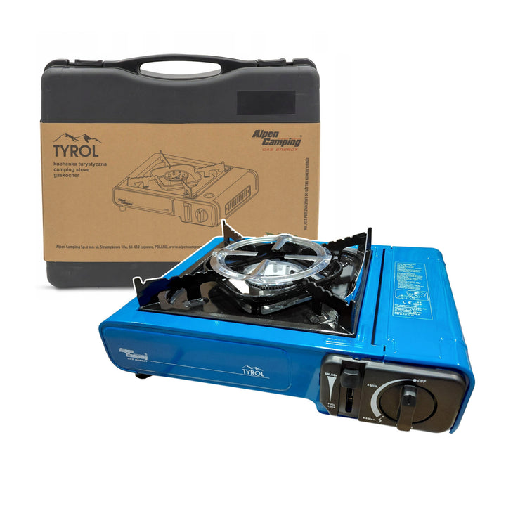Turistický vařič Alpen Camping, výkon: 2,0 kW, spotřeba plynu 146 g/h, piezoelektrické zapalování, TYROL+ 4x plynová kartuše 227 g GreenBlue. Certifikát: Pi 0875, v souladu s normou EN 417