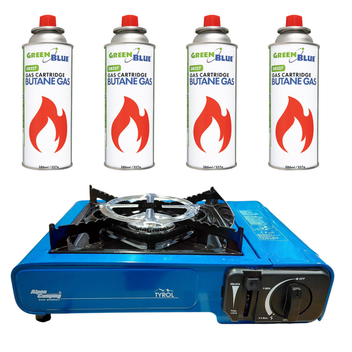 Turistický vařič Alpen Camping, výkon: 2,0 kW, spotřeba plynu 146 g/h, piezoelektrické zapalování, TYROL+ 4x plynová kartuše 227 g GreenBlue. Certifikát: Pi 0875, v souladu s normou EN 417