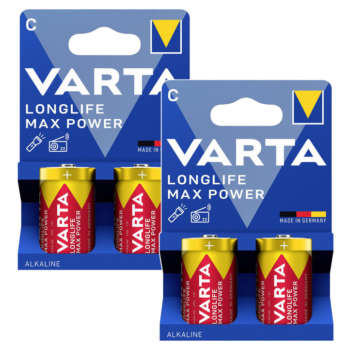 4 ks alkalických baterií R-14 R14 C 1,5 V Varta Longlife Max Power