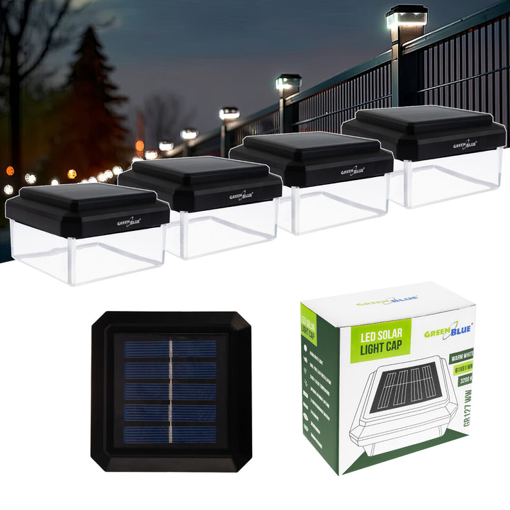 Solární LED lampa na sloupek GreenBlue, 80 × 80 mm, obloukový kryt, 3200 K, GB127 WW, 4 ks